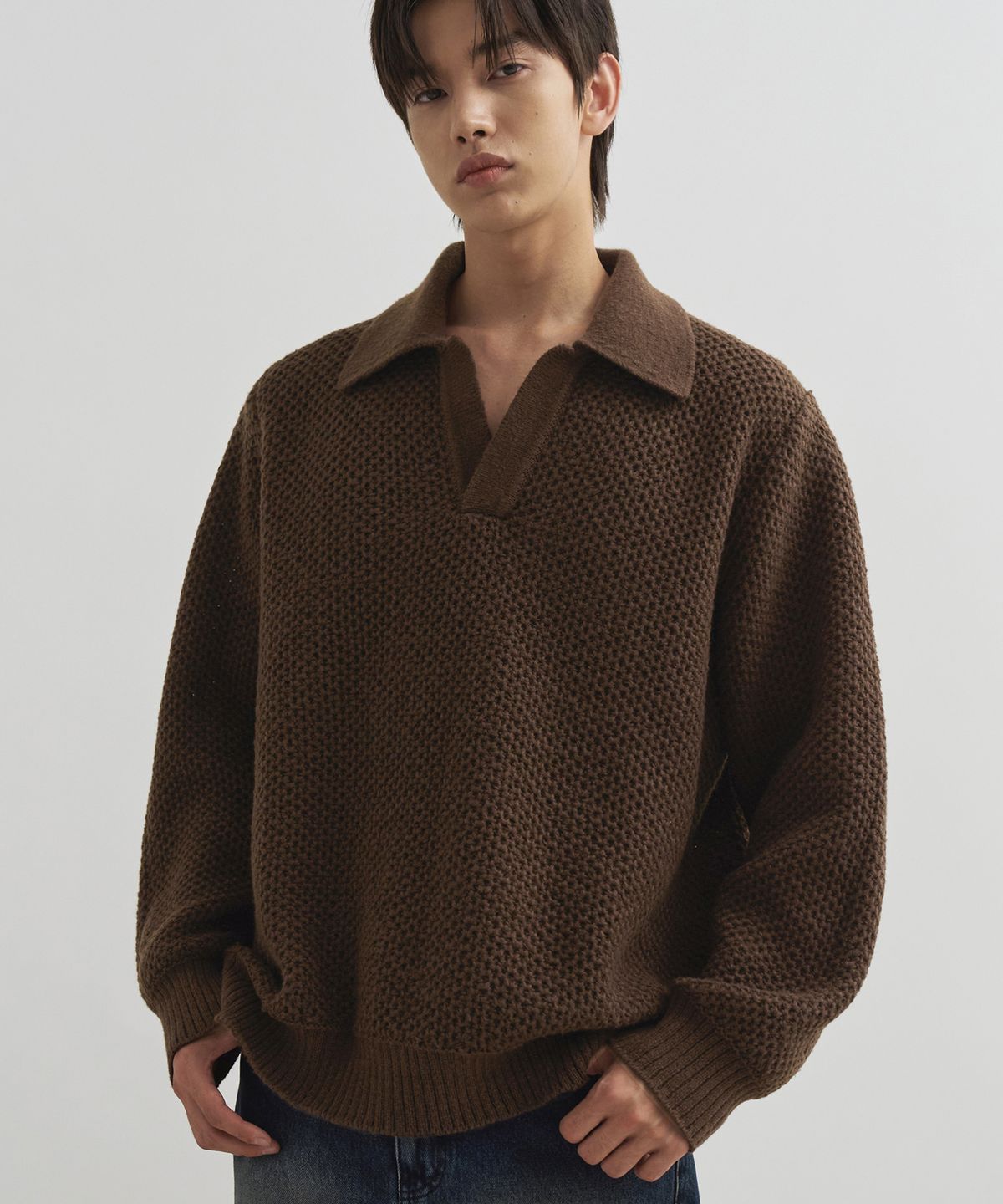 드로우핏(DRAW FIT) 오버핏 피케 와플 니트 [BROWN]