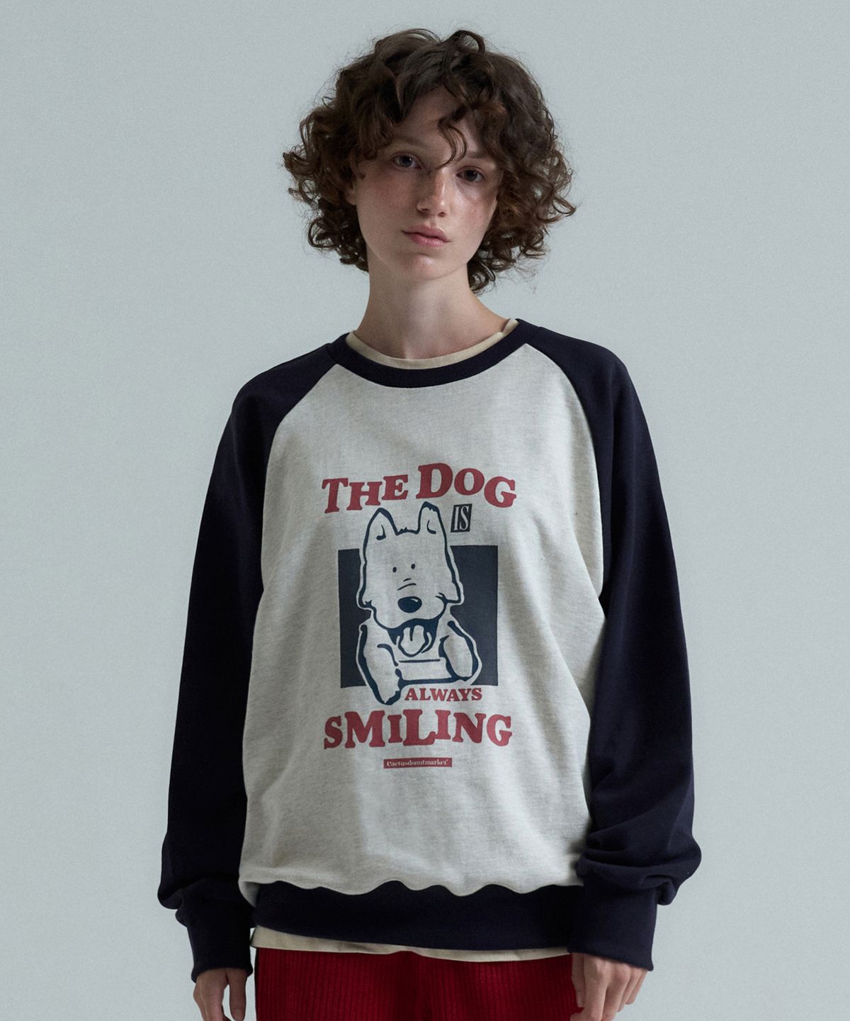 캑터스도넛마켓(CACTUSDONUTMARKET) Smiling Dog Raglan Sweatshirt - Oatmeal