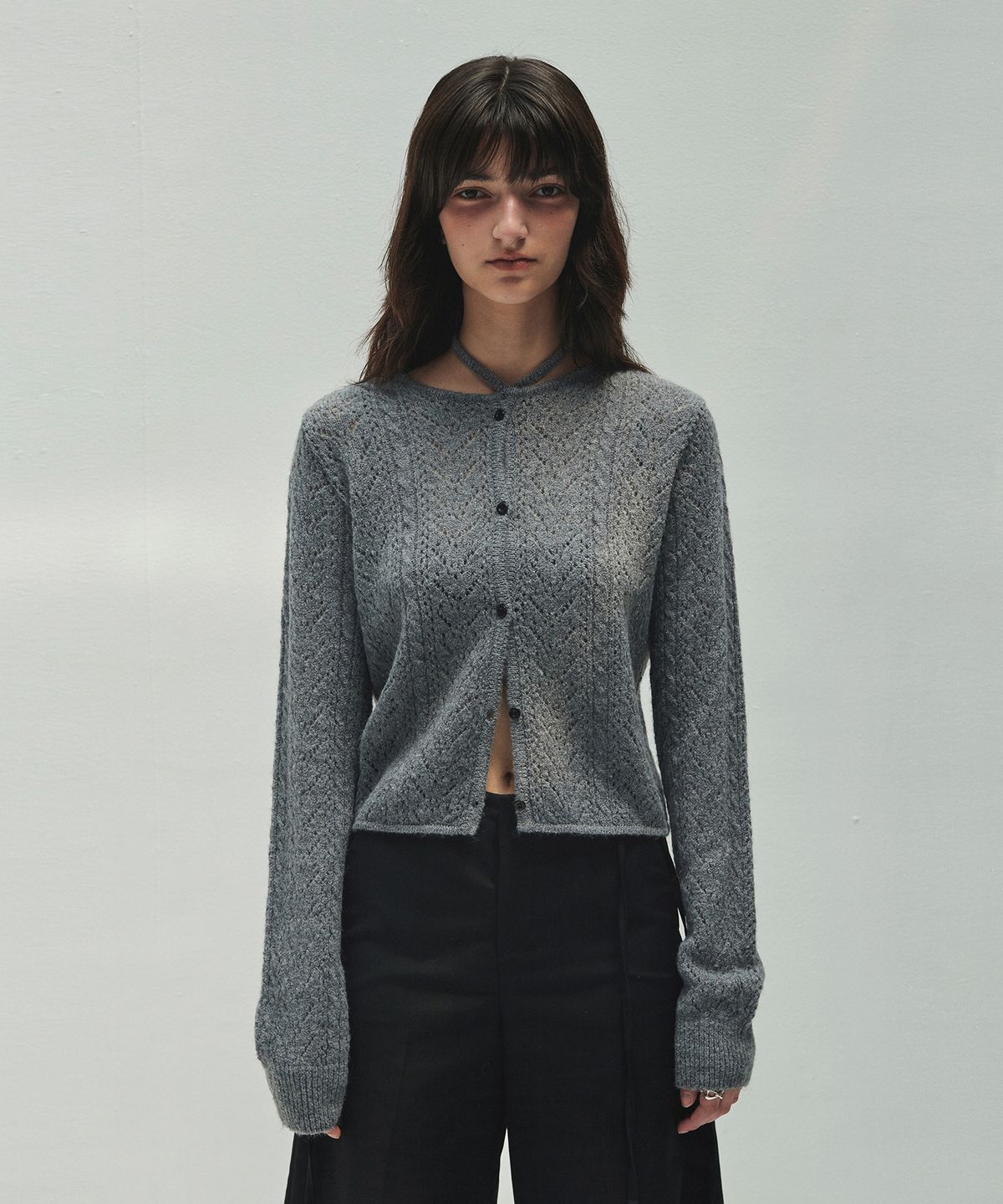 다이애그널(DIAGONAL) LACE PUNCHING KNIT CARDIGAN (melange grey)