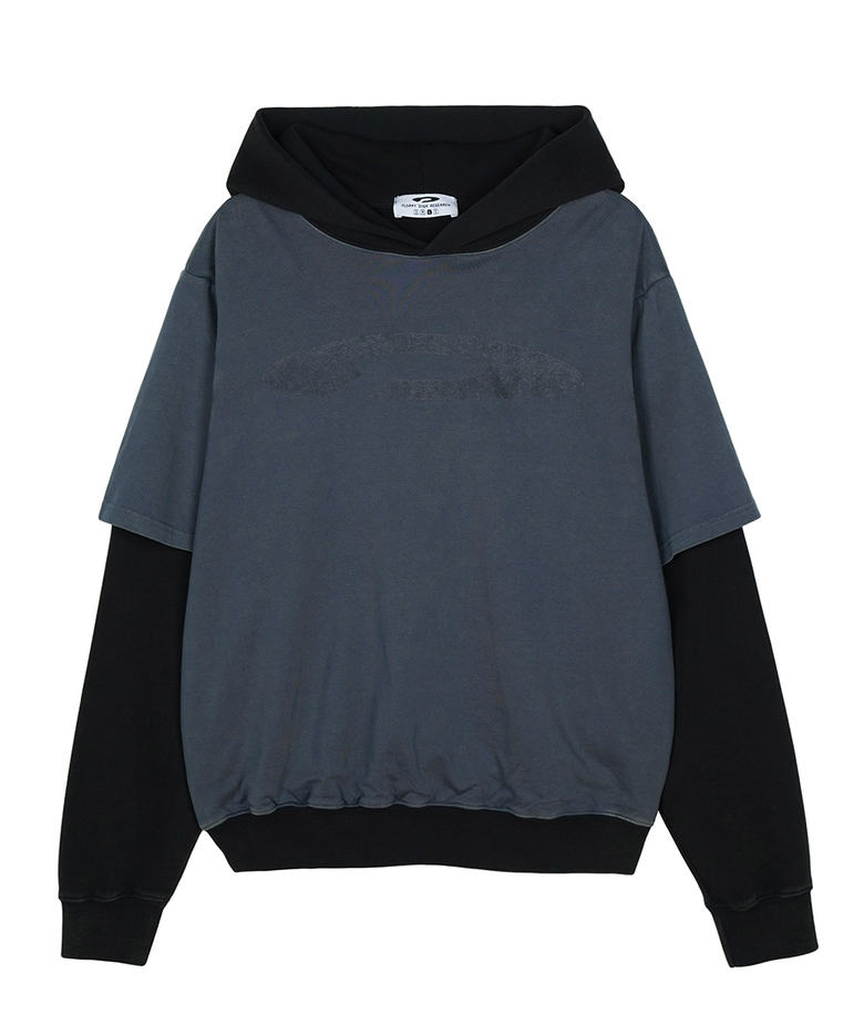 Double Layer Washing Crack Detail Logo hoodie Black