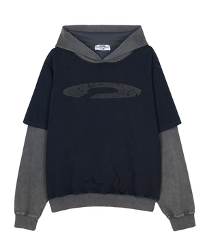 Double Layer Washing Crack Detail Logo hoodie Navy