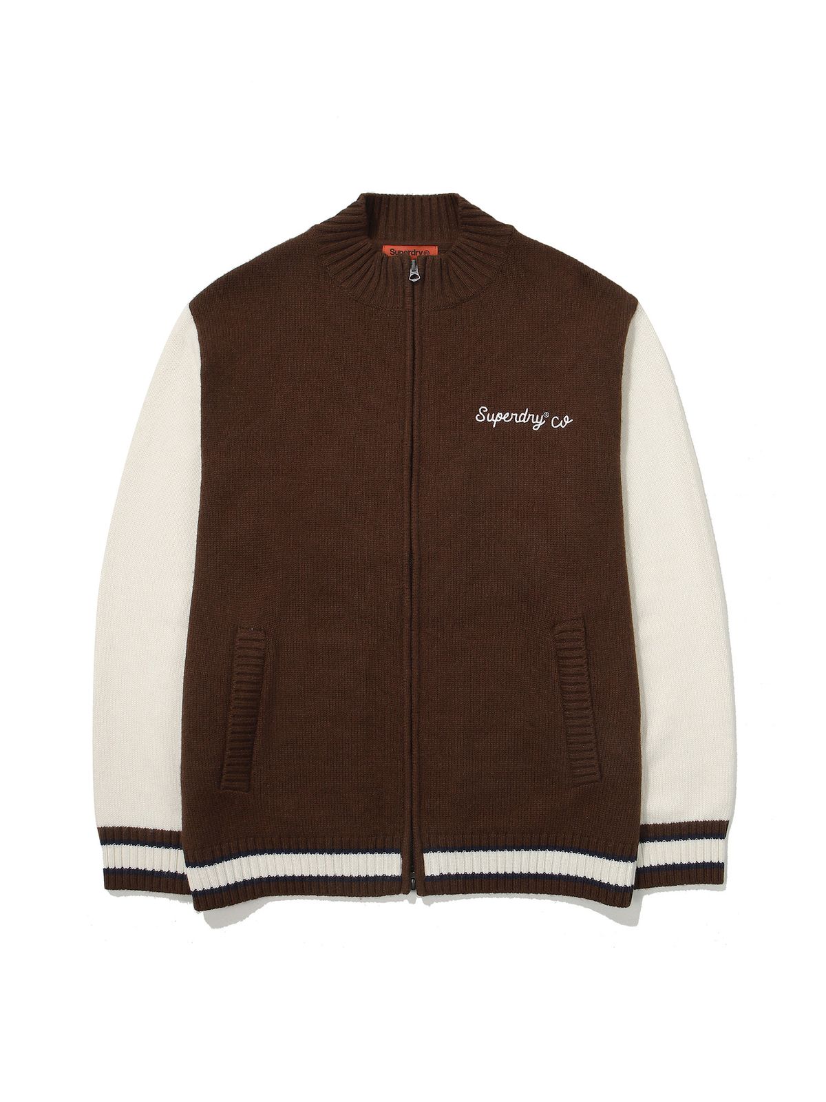 슈퍼드라이(SUPERDRY) 바시티 자수 니트 집업 브라운