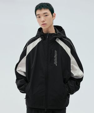 배색 테크 후디 숏 자켓_블랙