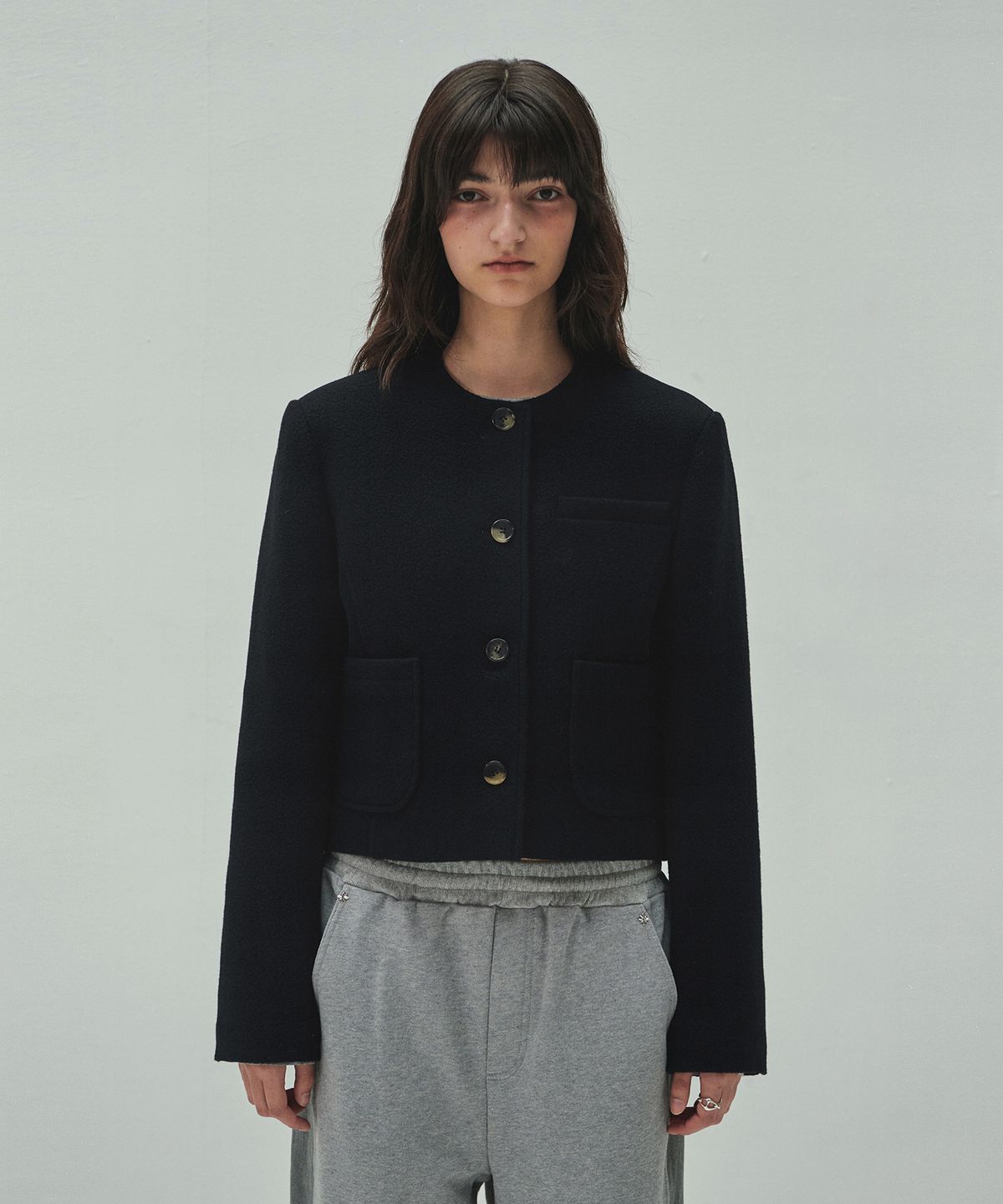 다이애그널(DIAGONAL) WOOLLY NO COLLAR JACKET (black)