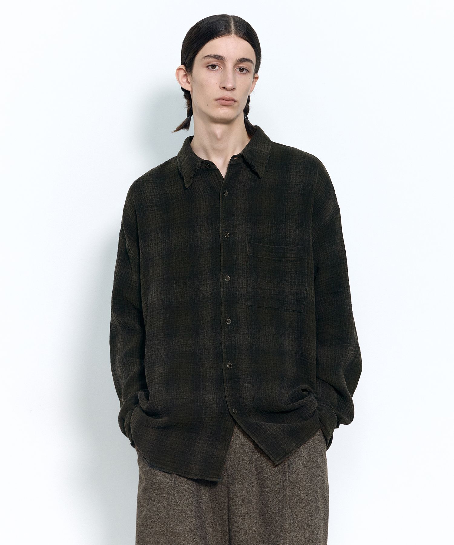 MUSINSA | INSILENCE Overdyed textured check shirt WASHED BLACK