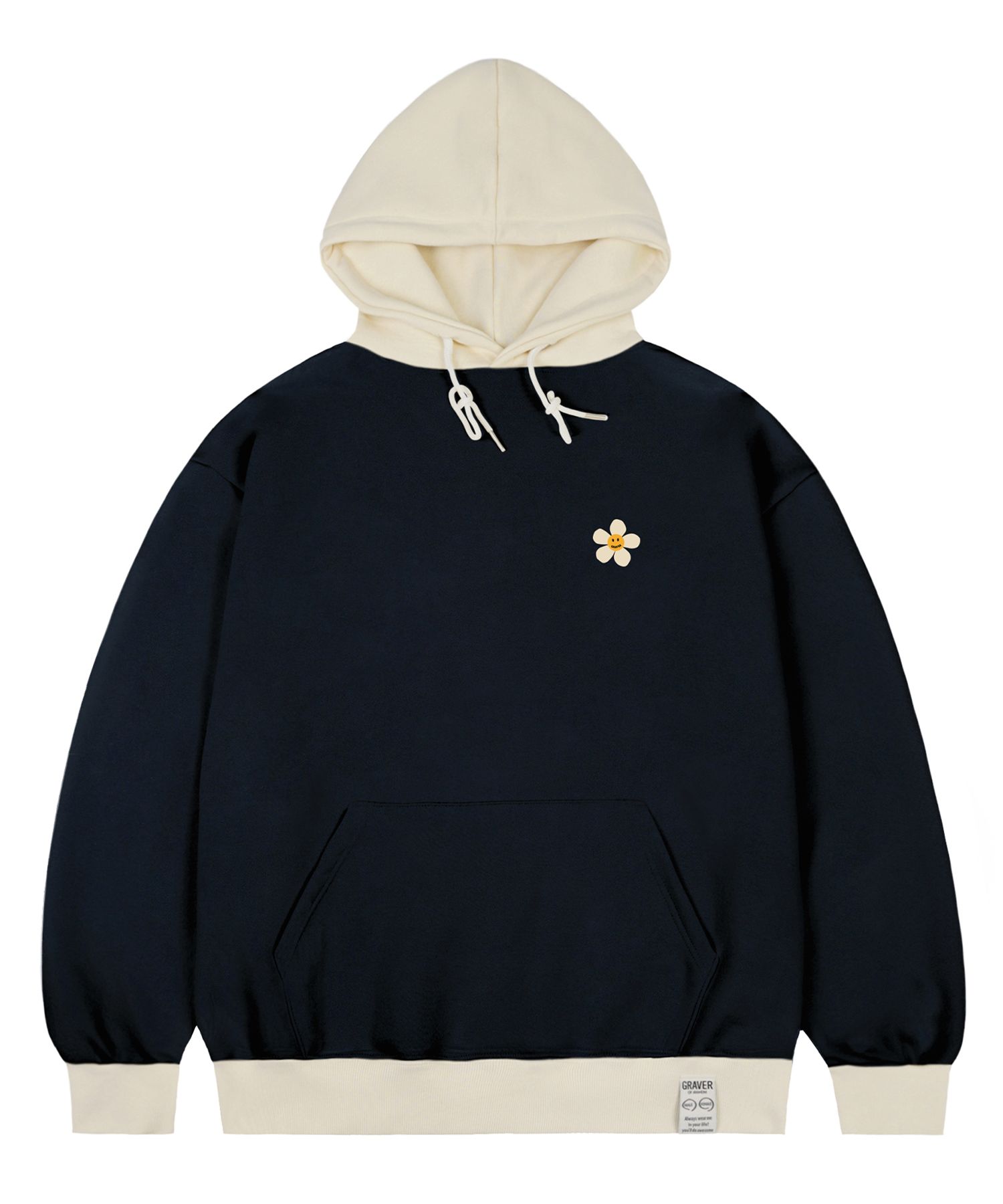 [GRAVER]★CREAM FLOWER DOT COLOR MATCHING SWEATSHIRT MUSINSA | GRAVER [UNISEX] Cream Flower Dot Coloring Hoodie_Navy