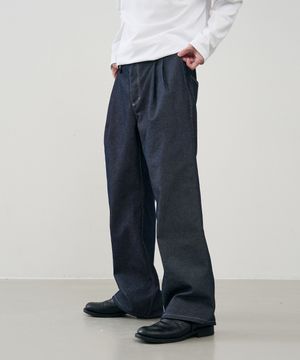 [논 페이드] 스트레이트 와이드 투턱 밴딩 데님 팬츠 [INDIGO]