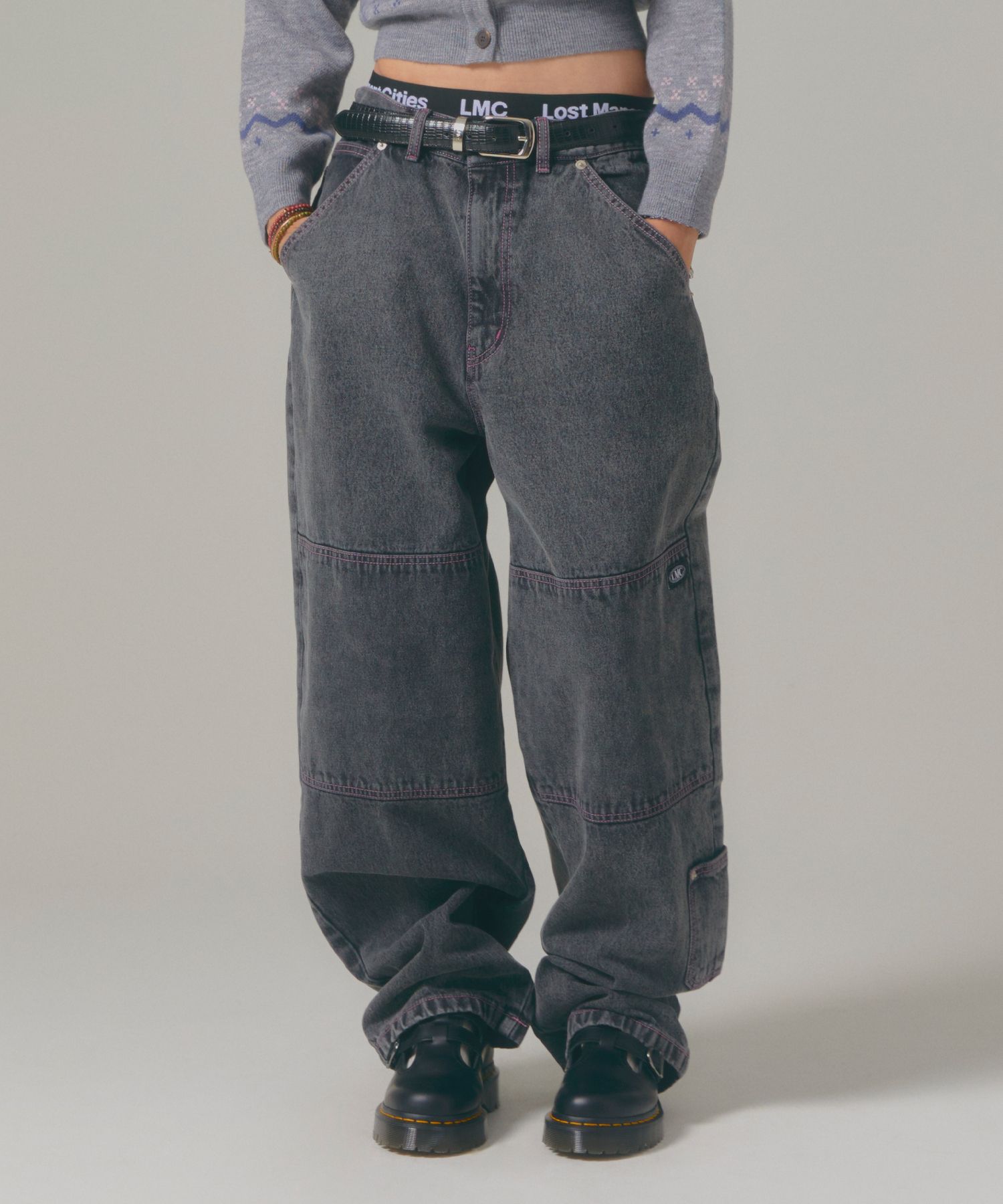 MUSINSA | LMC CNTRST ST DOUBLE KNEE DENIM PANTS black