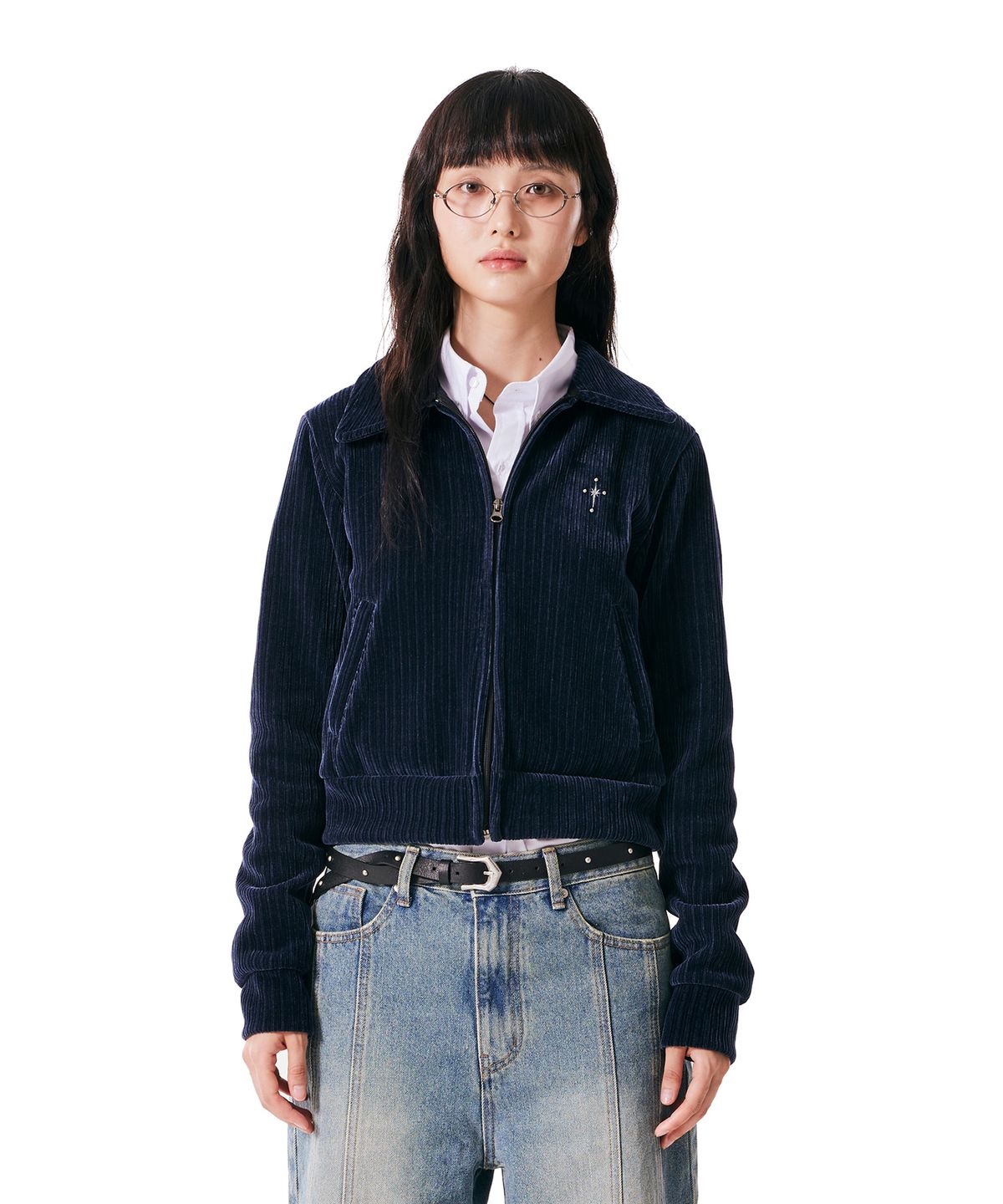 이우가마카라스(IUGAMAKARAS) Velour Collar Zip-Up Jacket (Navy)