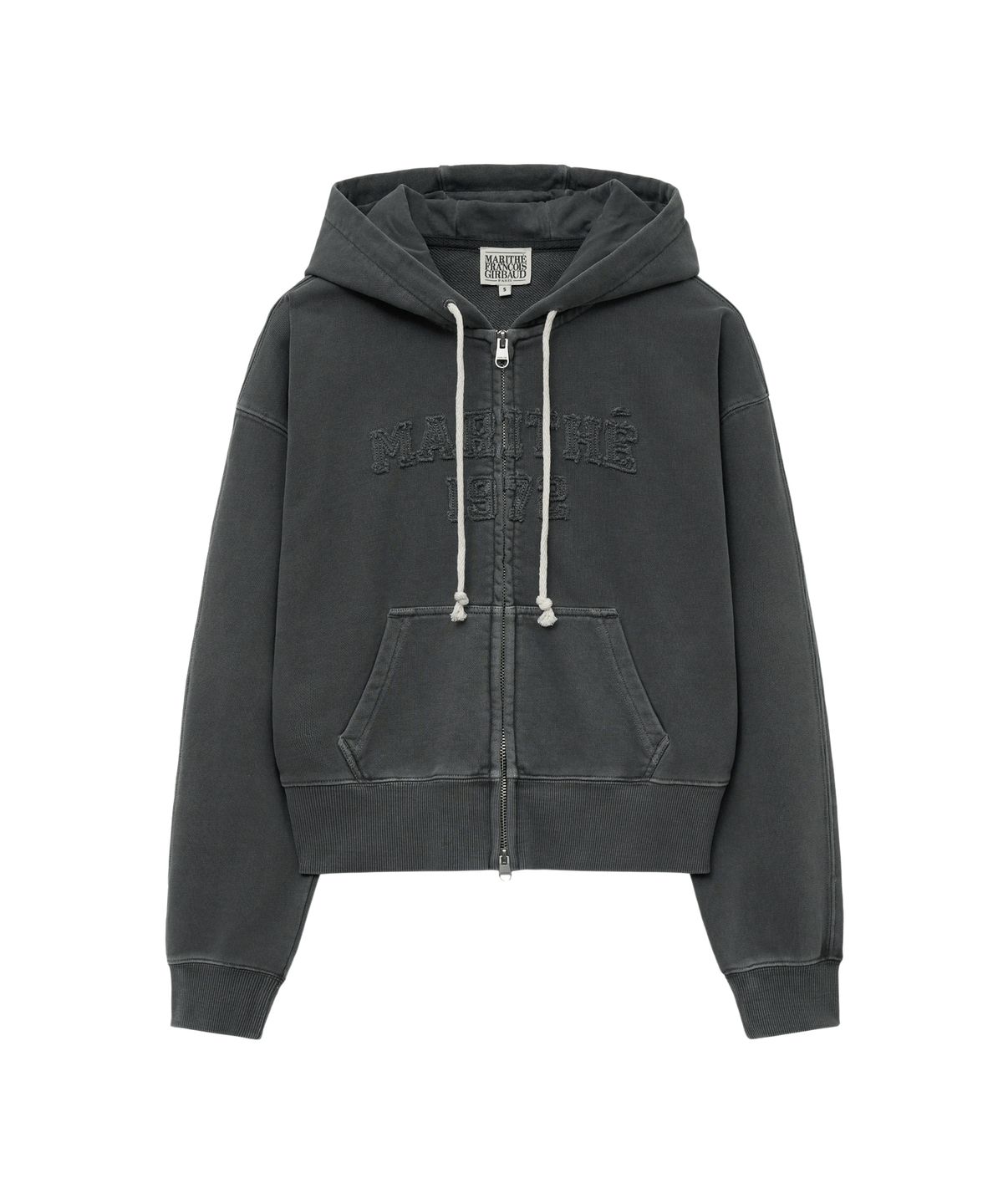 마리떼 프랑소와 저버(MARITHÉ + FRANҪOIS GIRBAUD) W VINTAGE DYEING APPLIQUE LOGO CROP HOODIE ZIPUP charcoal