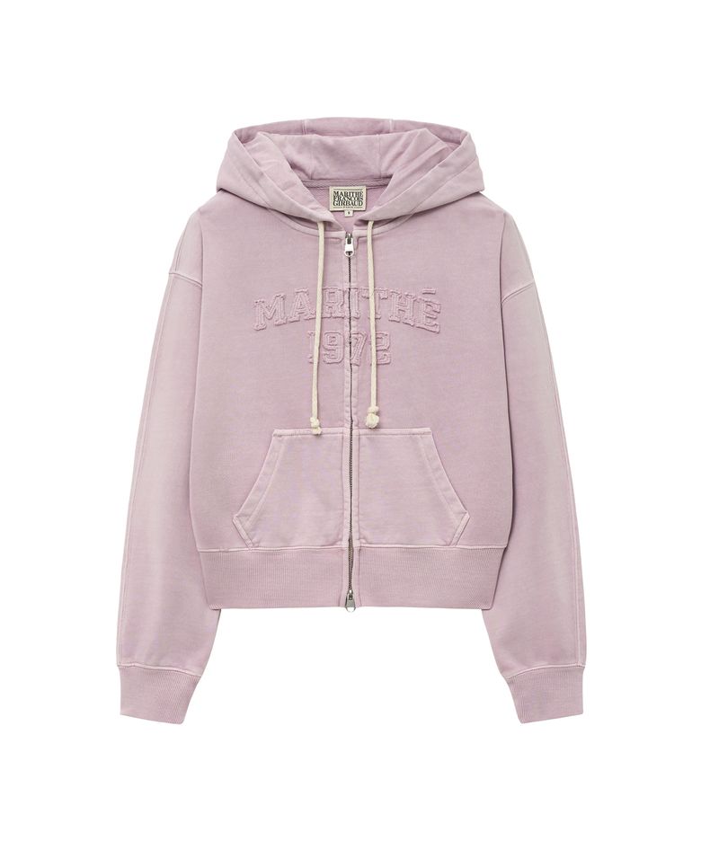 W VINTAGE DYEING APPLIQUE LOGO CROP HOODIE ZIPUP dark pink