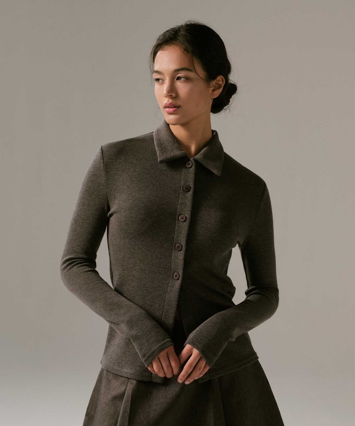 MUSINSA BASIKA COLLAR BUTTON-UP CARDIGAN (DEEP GRAY)