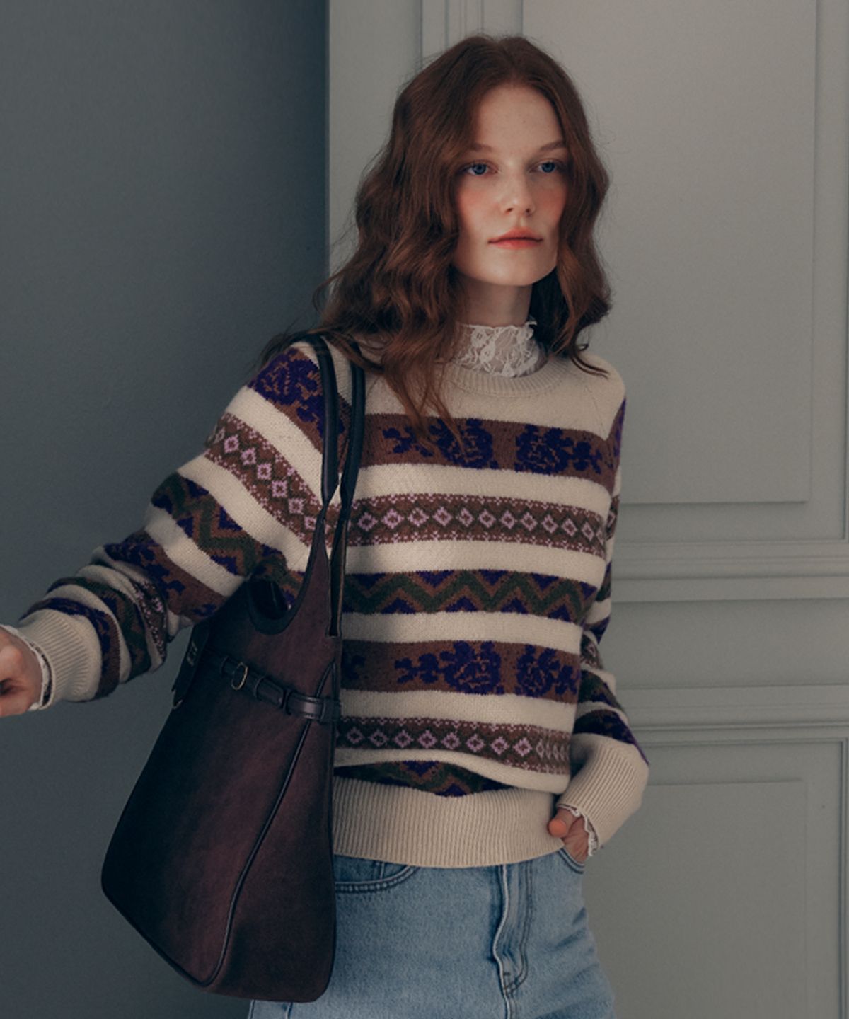 로라로라(ROLAROLA) CASHMERE WOOL BLENDED JACQUARD KNIT BEIGE