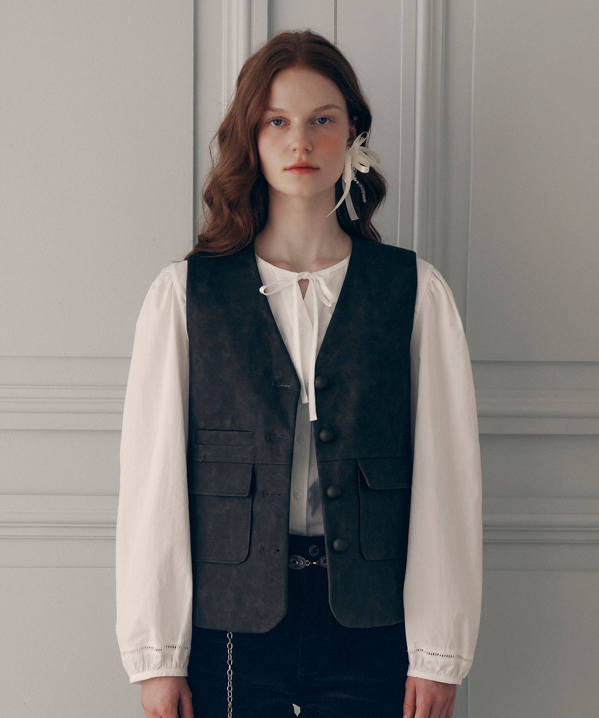 로라로라(ROLAROLA) LEATHER TAILORED VEST BROWN