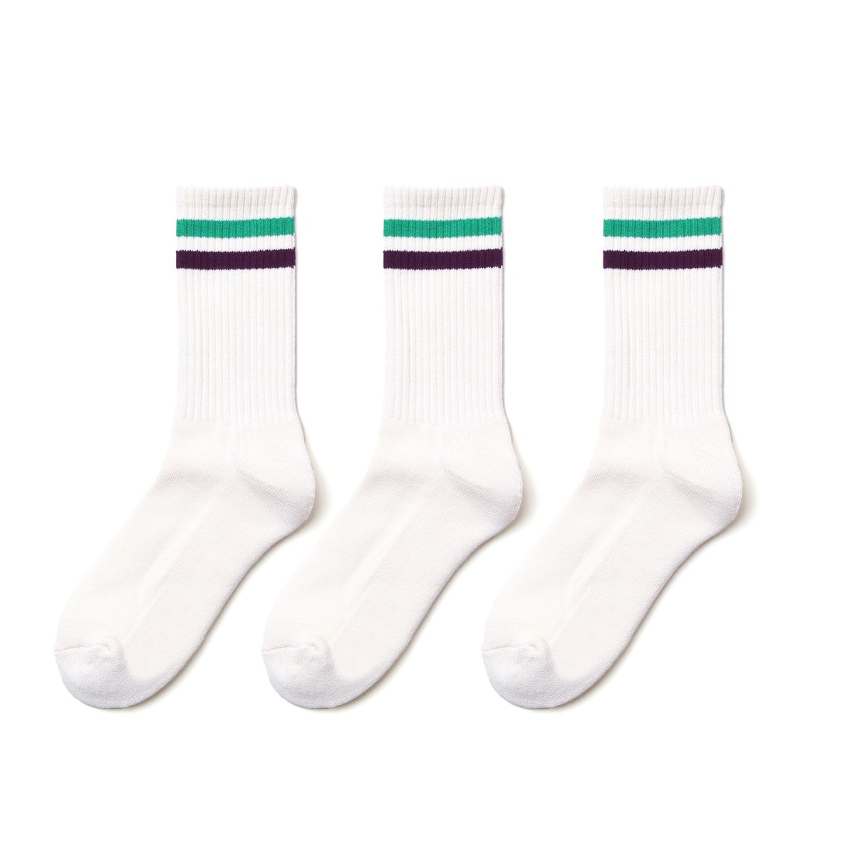 삭스타즈(SOCKSTAZ) STP027 Stripe Pile Crew Socks: White-gr/pu 3P PACK