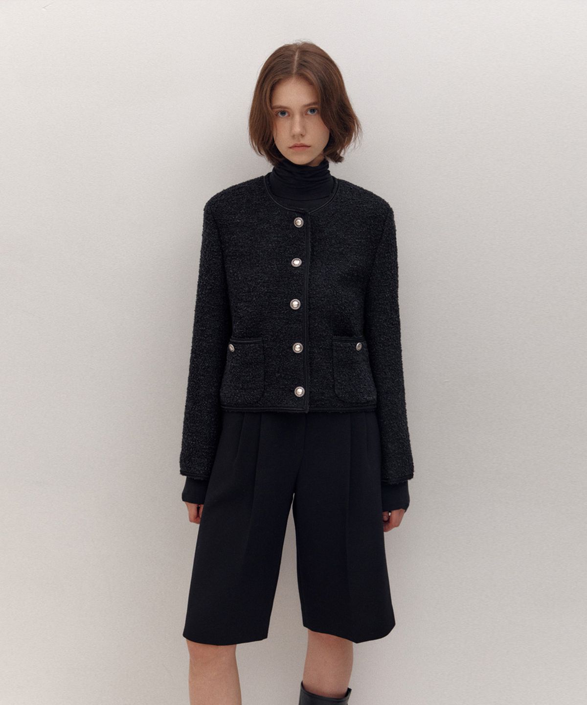 아바몰리(AVA MOLLI) COLLARLESS TWEED  JK (BLACK)