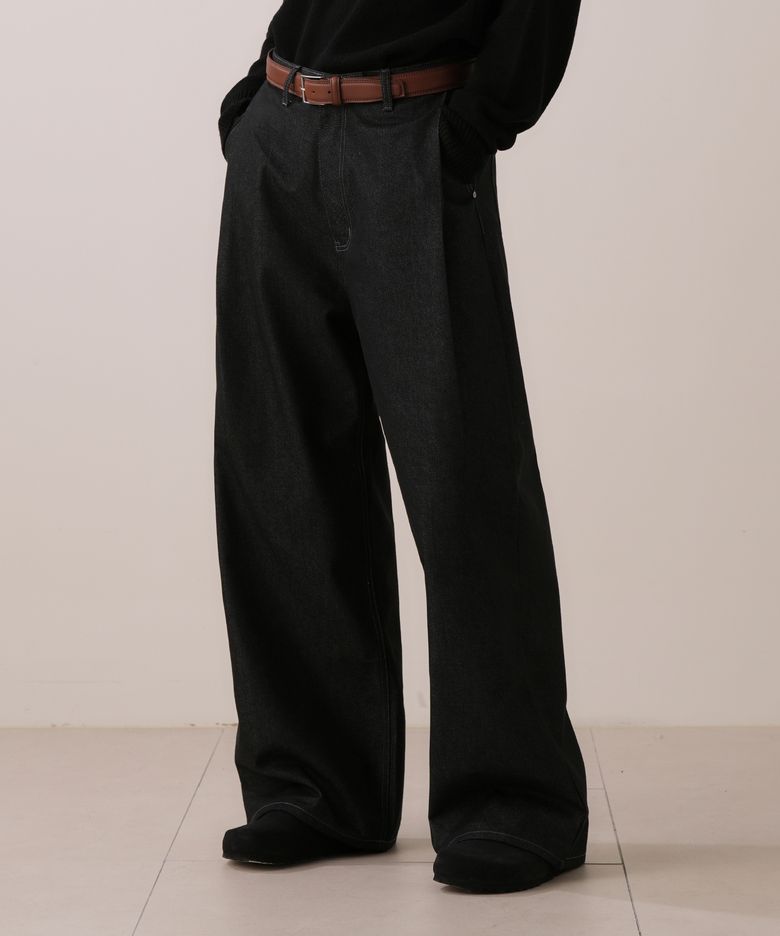 휴즈 와이드 원턱 생지 데님 팬츠 BLACK INDIGO