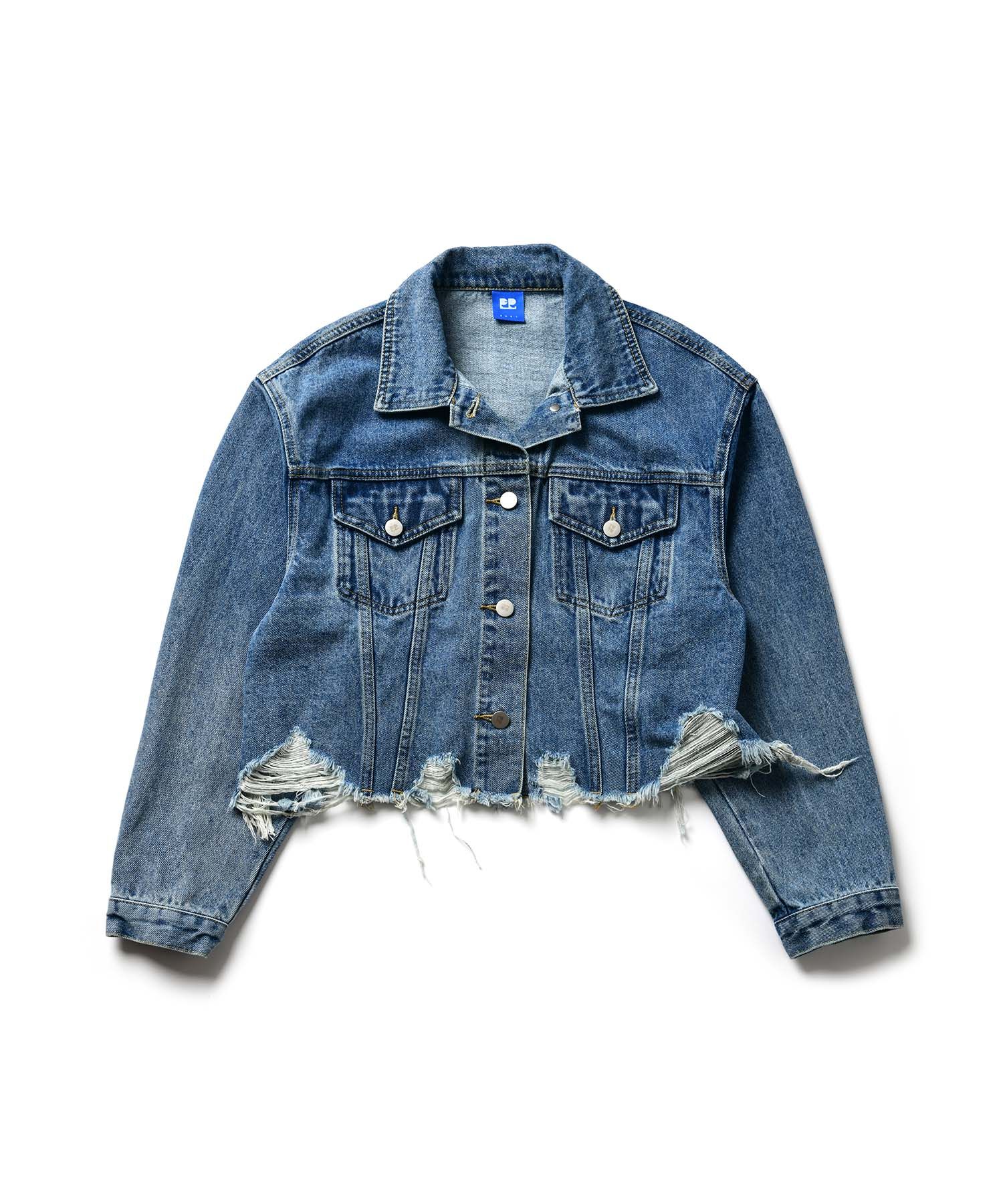 MUSINSA | FREI Damage cropped denim jacket (BLUE)