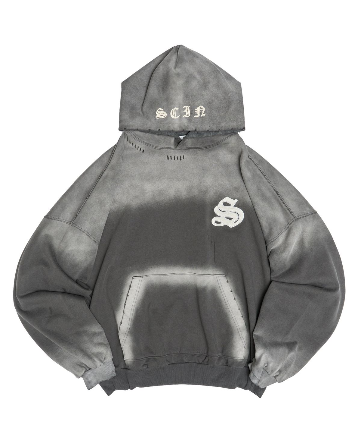 스키즘 인듀싱(SCHISM INDUCING) LEATHER PATCH HOODIE GREY