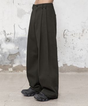 코튼 드릴 투턱 팬츠 [올리브 브라운]