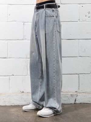 원턱 와이드 슬랙스 데님 팬츠 [라이트 블루]
