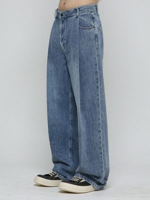 원턱 와이드 슬랙스 데님 팬츠 [페이디드 블루]