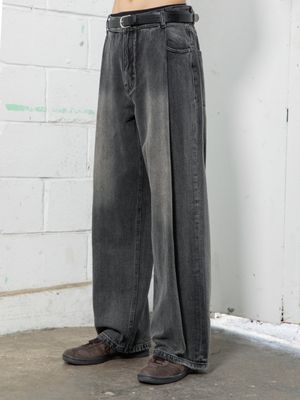 원턱 와이드 슬랙스 데님 팬츠 [워시드 블랙]