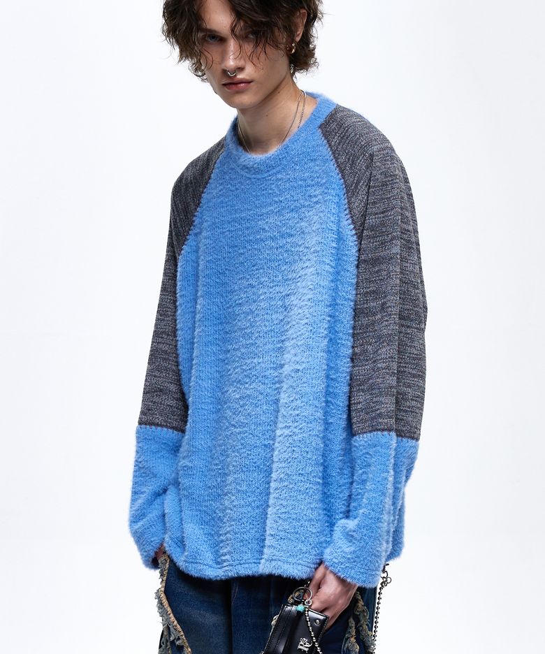 STITCHED HAIRY RAGLAN KNIT - BLUE