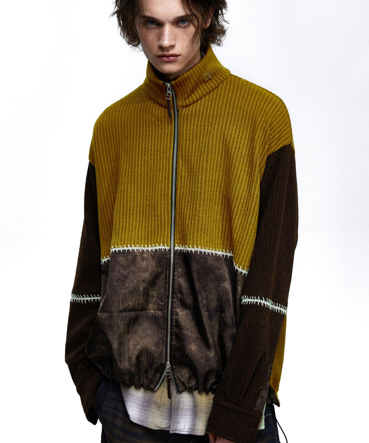 알에스에스씨(RSSC) STITCHED MIX KNIT ZIP UP - MUSTARD/BROWN