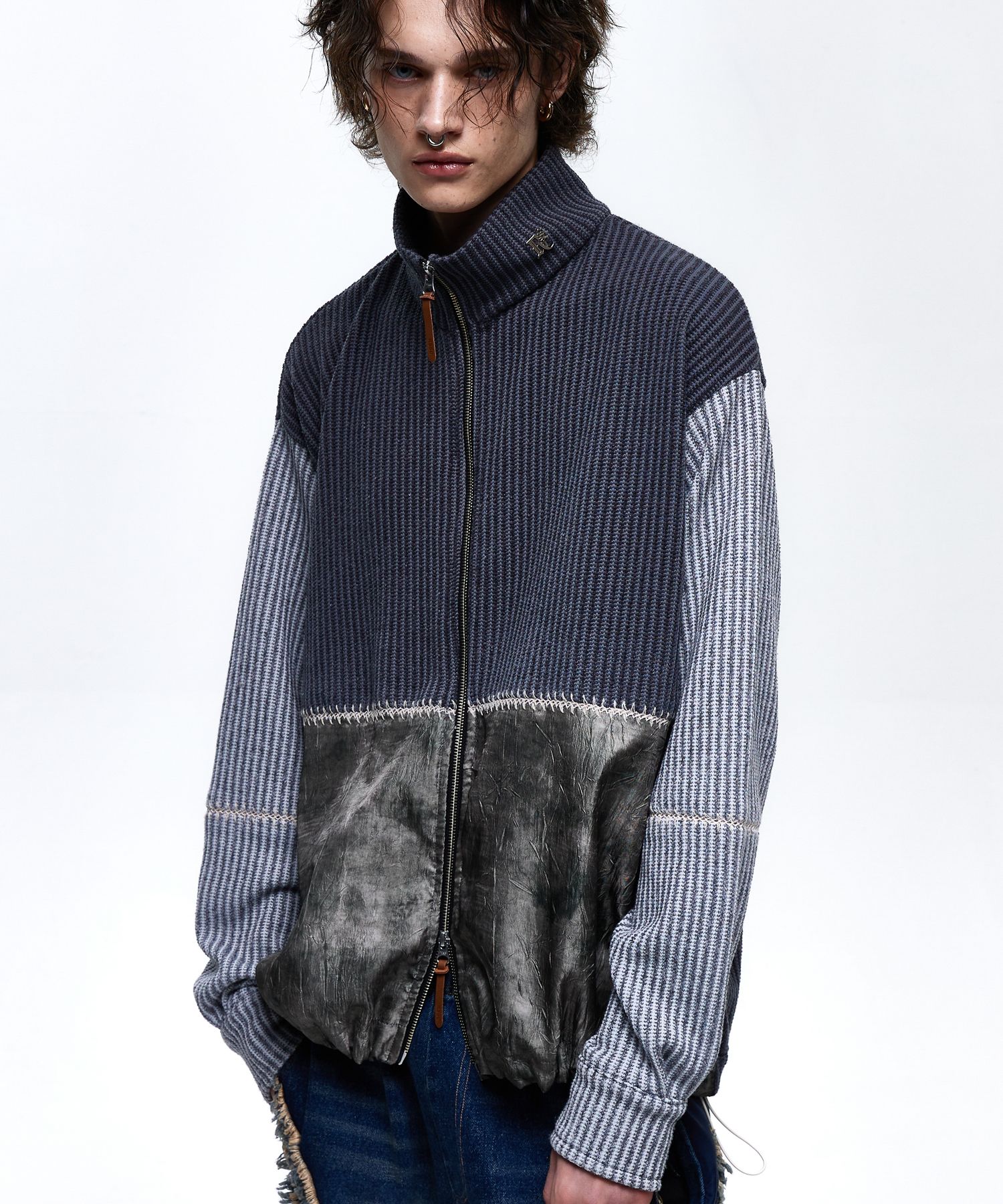 MUSINSA公式 | RSSC STITCHED MIX KNIT ZIP UP - CHARCOAL/GRAY