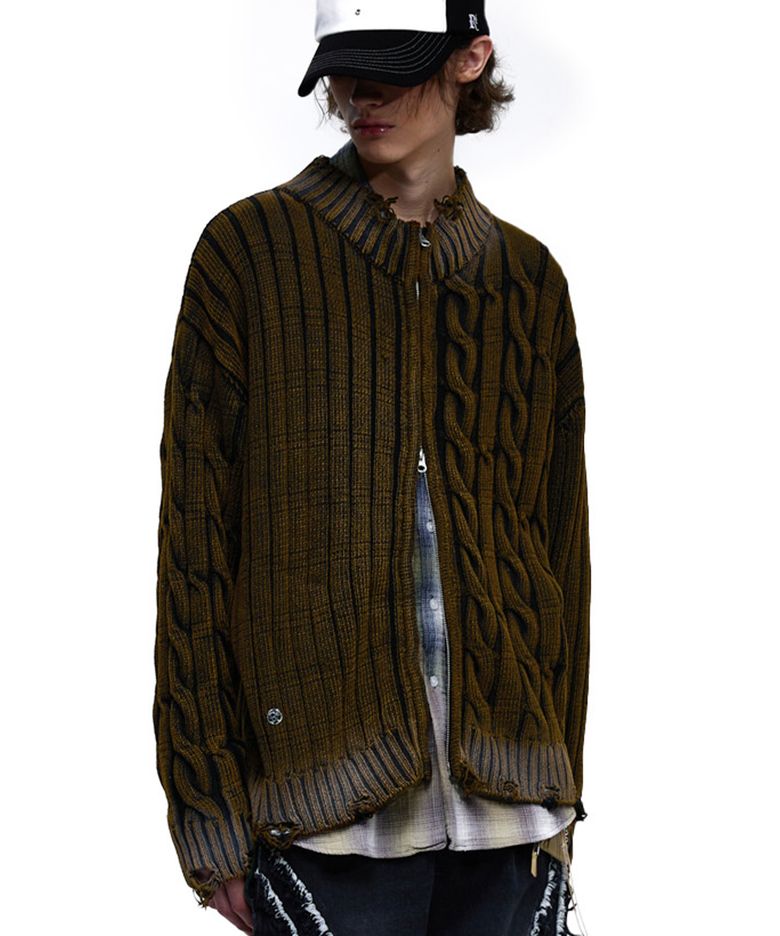 DAMAGE WASHING MIX KNIT ZIP UP - BROWN