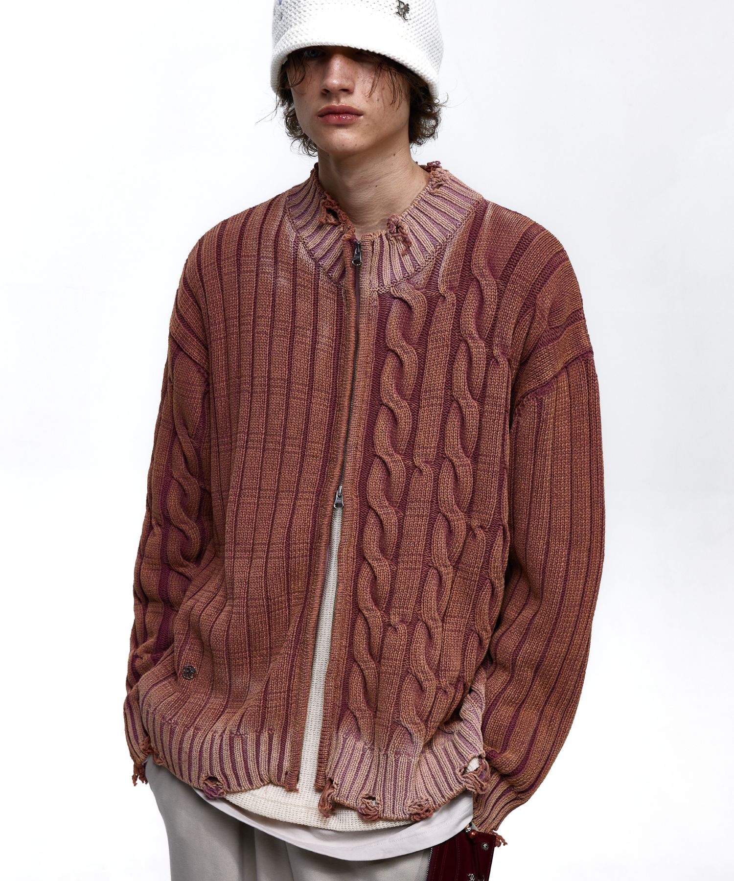 ●RSSC● DAMAGE WASHING MIX KNIT ZIP UP (2色) unisex MUSINSA | RSSC DAMAGE WASHING MIX KNIT ZIP UP - PINK