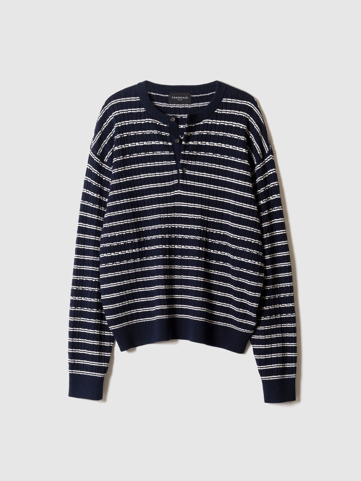 포커페이스(POKERFACE) CABLE STRIPE HENLEY NECK KNIT NAVY