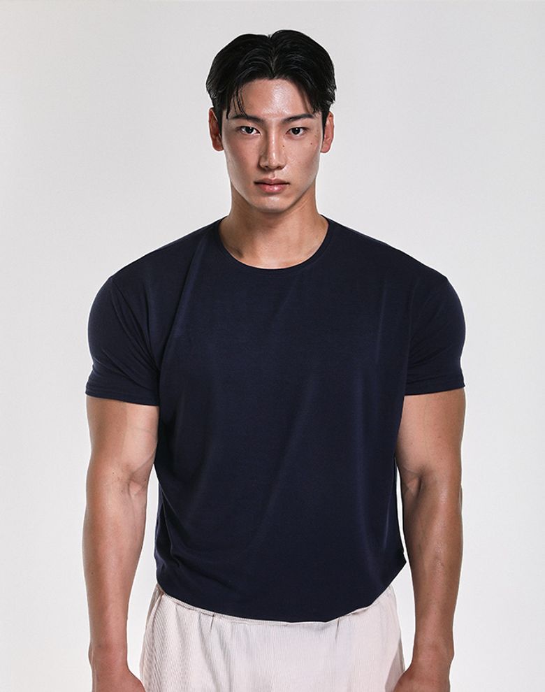 텐셀모달 와이드 무지 머슬핏 반팔티 (네이비)