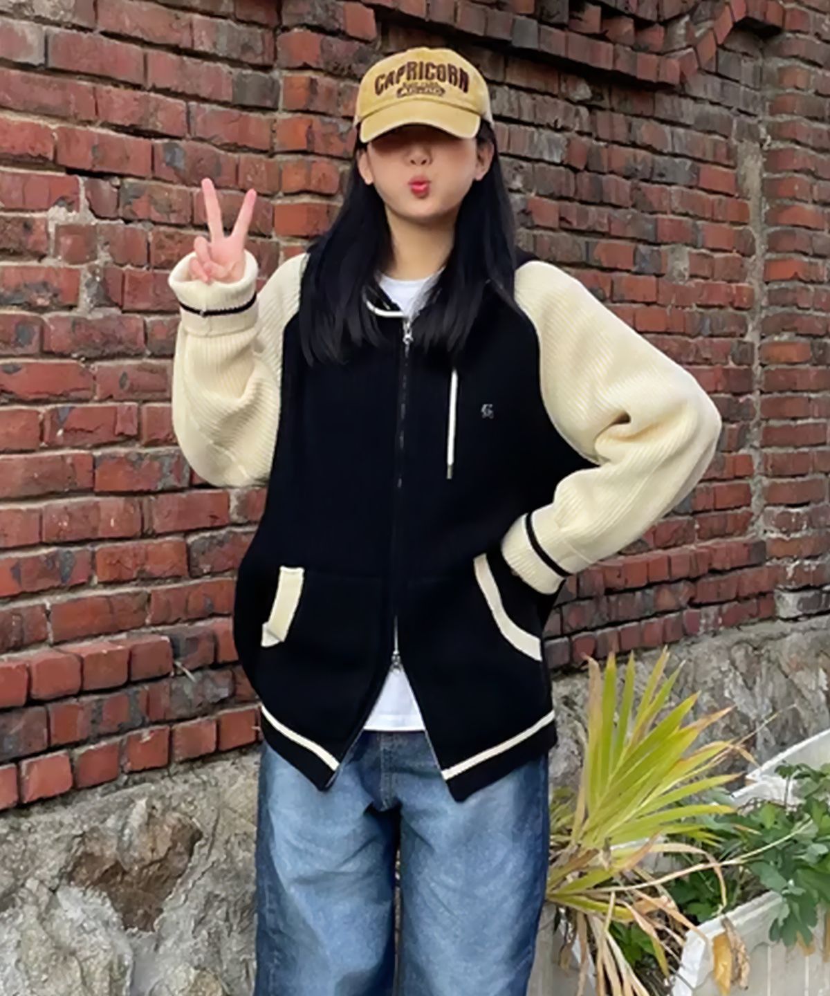 알리스(ALYSS) 블렌디드 하찌 니트 후드 집업 [크림블랙]