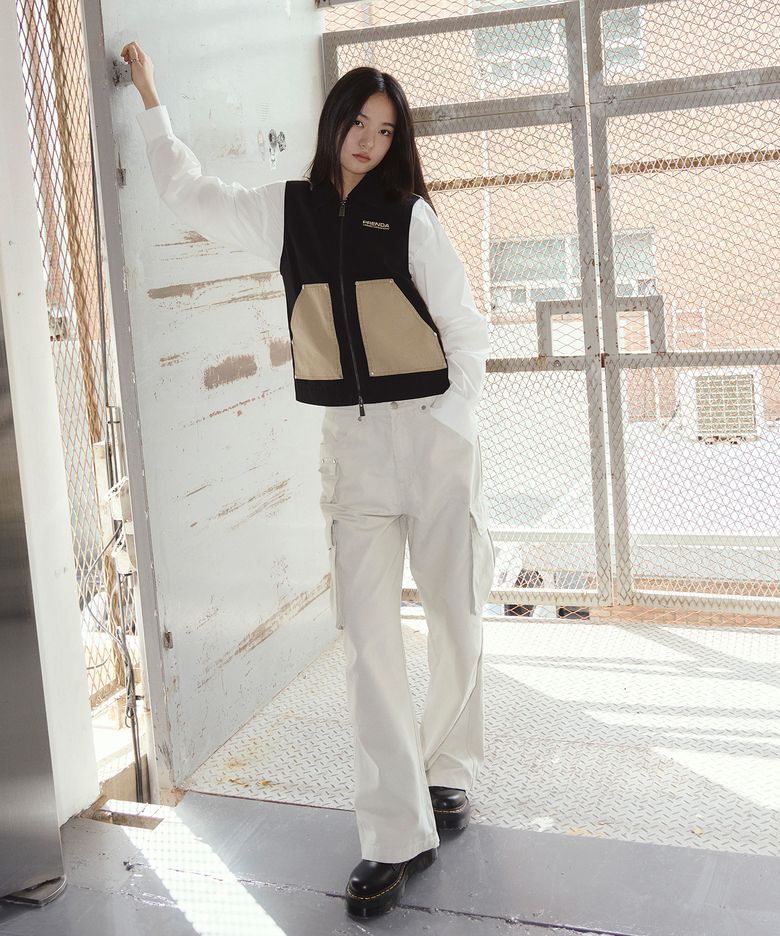 PDC LOGO COLLAR CANVAS VEST BLACK BEIGE