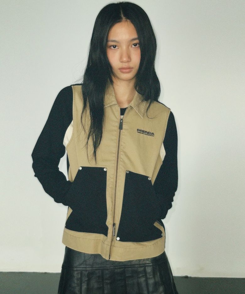 PDC LOGO COLLAR CANVAS VEST BEIGE BLACK
