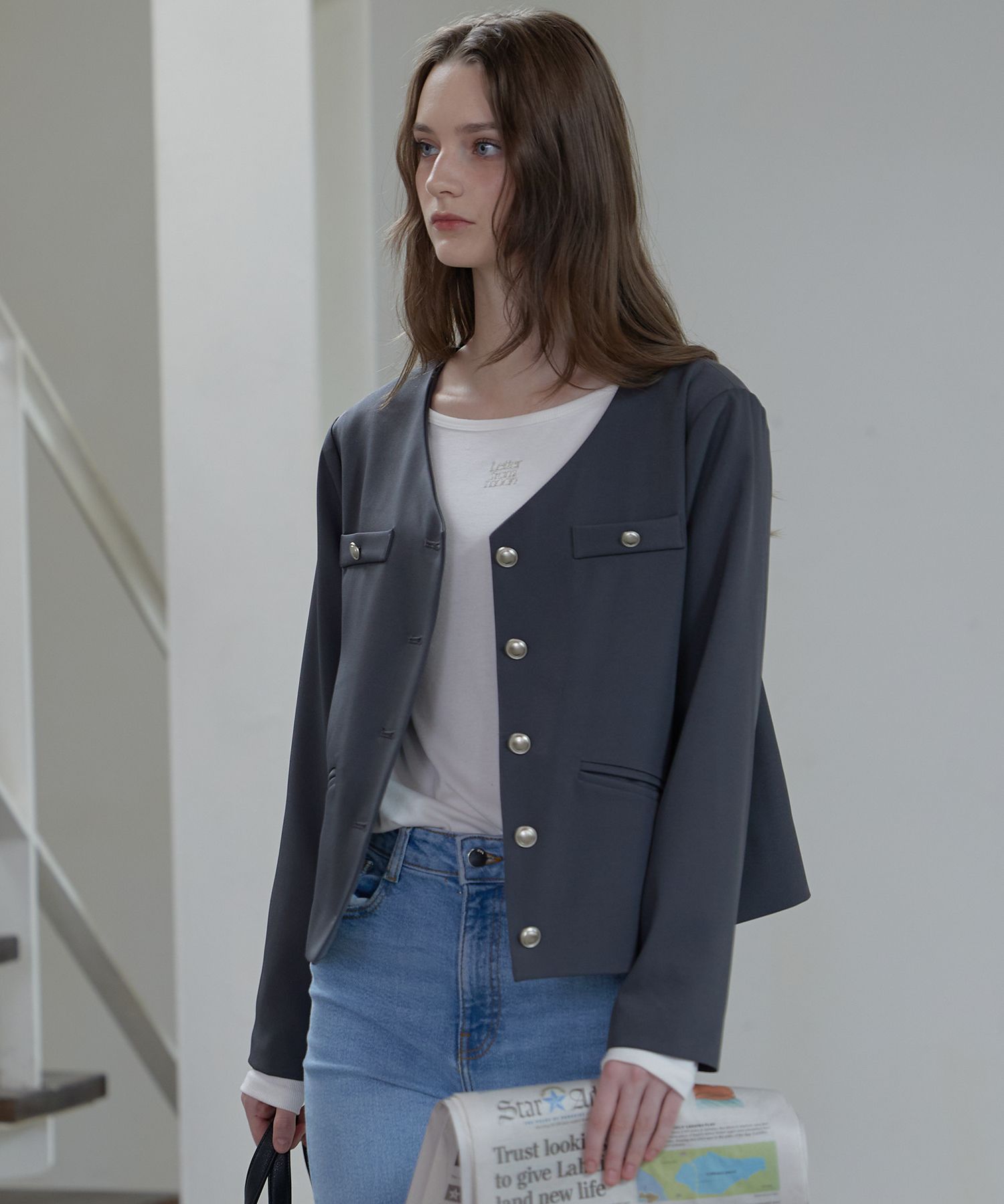 LETTER FROM MOON ♥ V-neck Dusk No-collar Jacket V-neck Dusk No-collar Jacket ( 2colors ) - LETTER FROM MOON