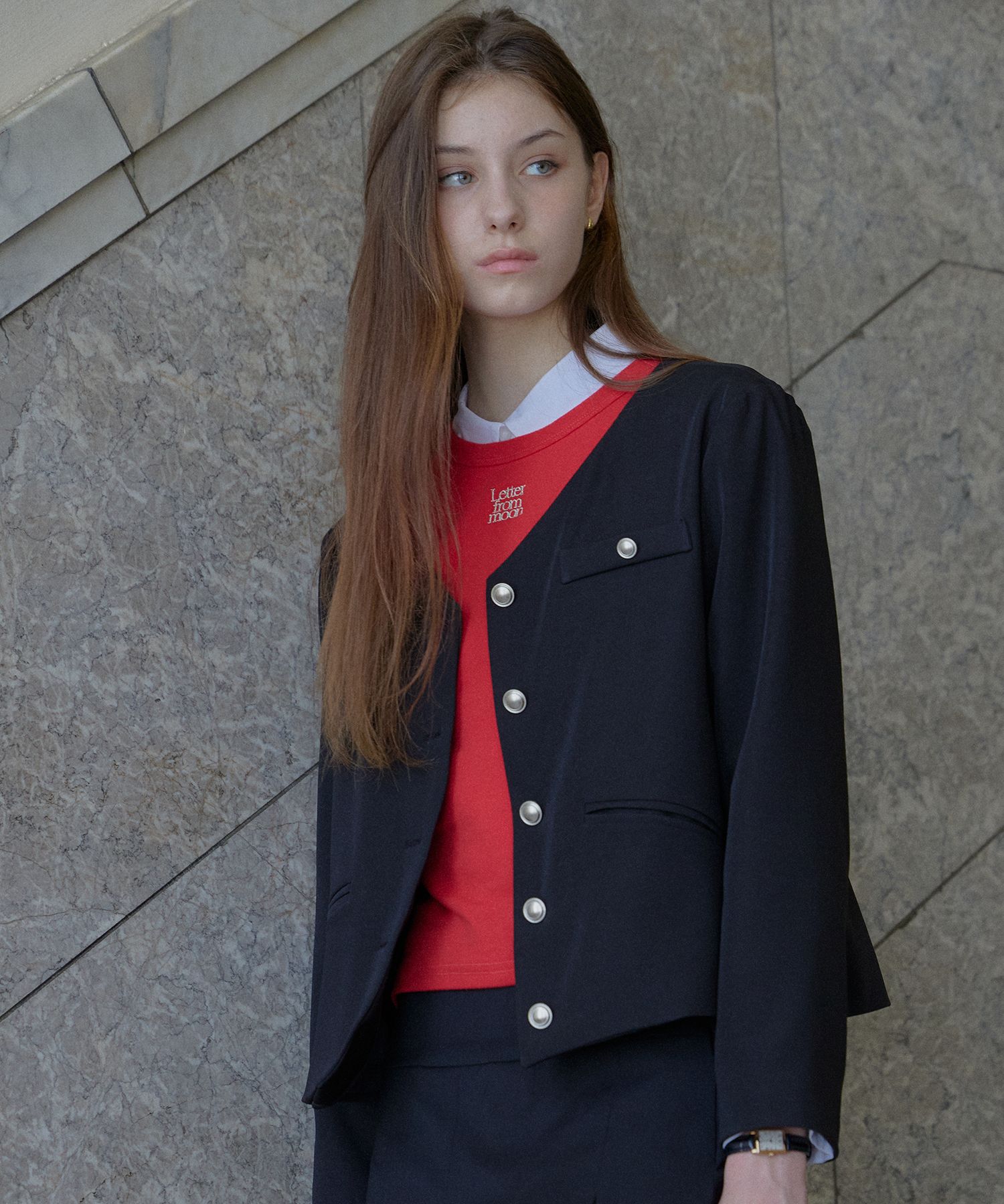LETTER FROM MOON ♥ V-neck Dusk No-collar Jacket MUSINSA | LETTER FROM MOON V-neck Dusk No Collar Jacket (Black)