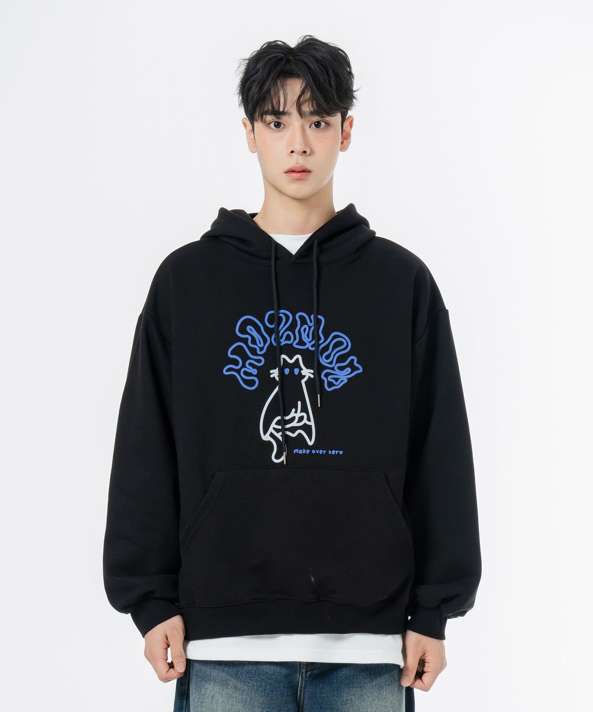 모즈모즈(MOZMOZ) 소프트 쭈리 캣얼론 오버핏 후드 블랙