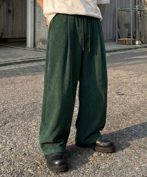 컬러풀 코듀로이 스트링 와이드 팬츠 그린