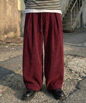 컬러풀 코듀로이 스트링 와이드 팬츠 버건디