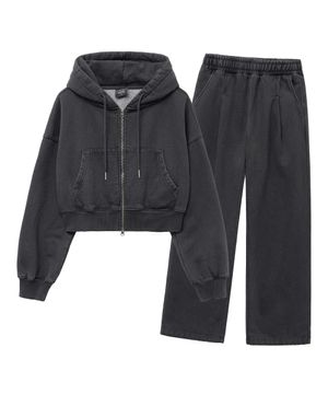 [SET] 테리 기모 피그먼트 투웨이 크롭후드집업 셋업 챠콜