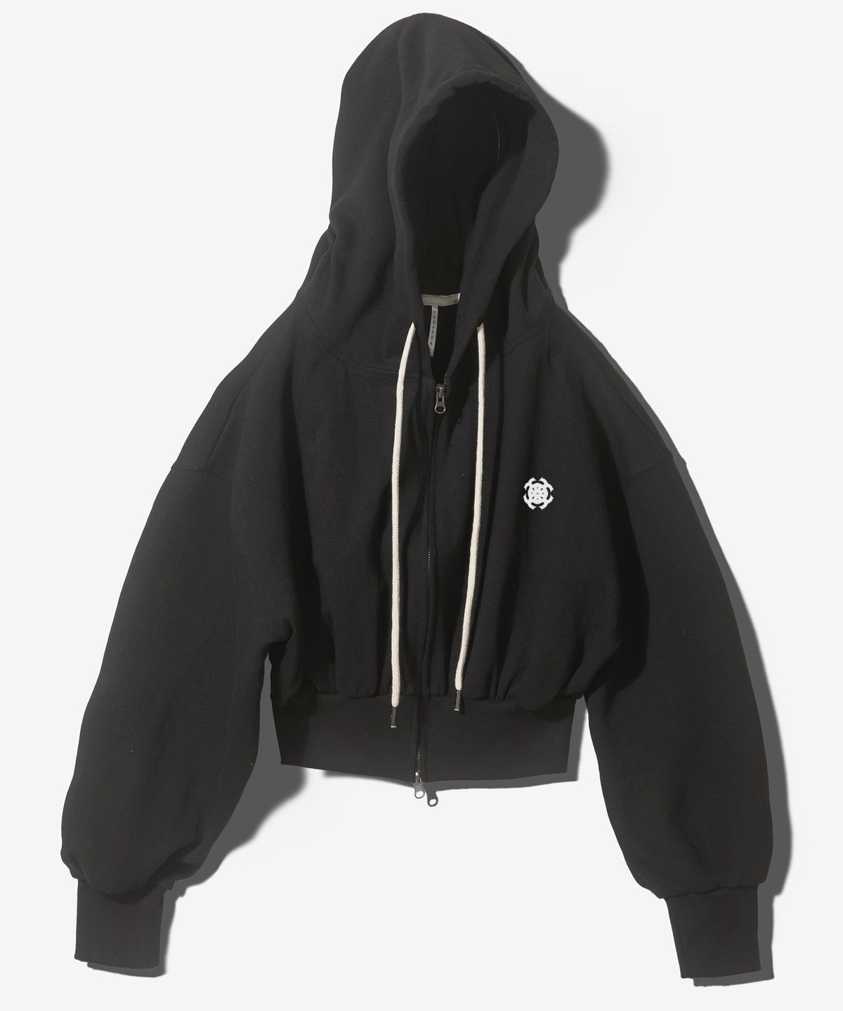 팬쇼(FANSHOW) SYMBOL CROP DOUBLE JERSEY HOODED ZIPUP - BLACK