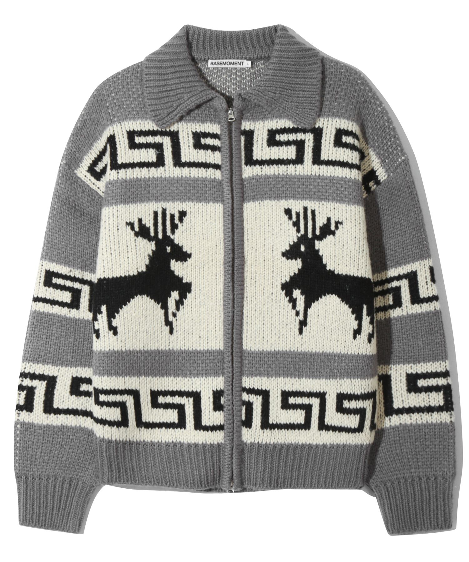 【BAON】[unisex] Senkito Two-Way Cowichan Nordic Knit Zip-Up Cowichan Knit Zip Sweater Moose & Ducks. For Sale at Ruby Lane