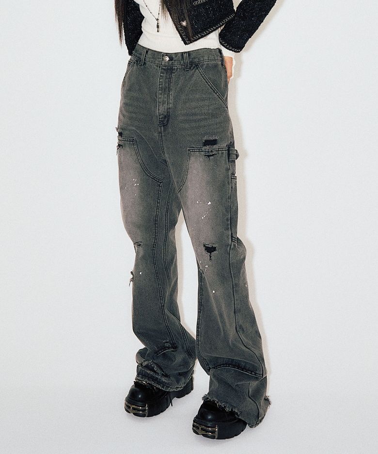 DOUBLE KNEE BOOT CUT JEANS GREY