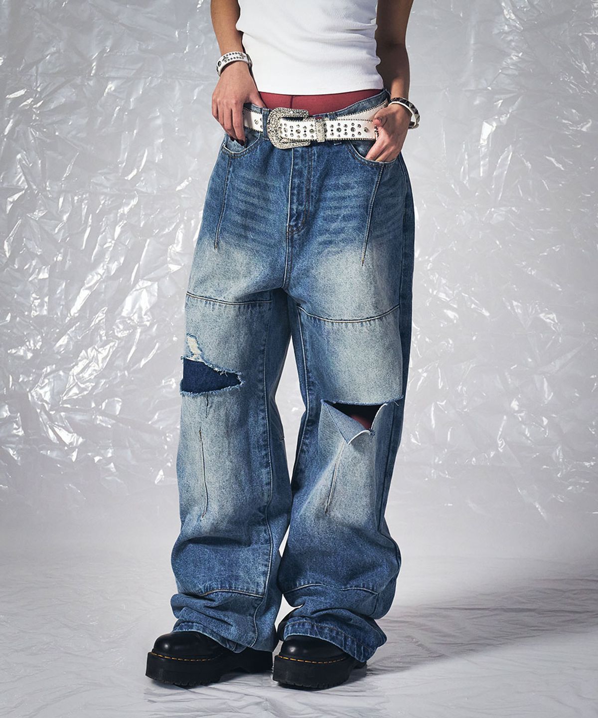 스키즘 인듀싱(SCHISM INDUCING) RIPPED BIKER PANTS BLUE