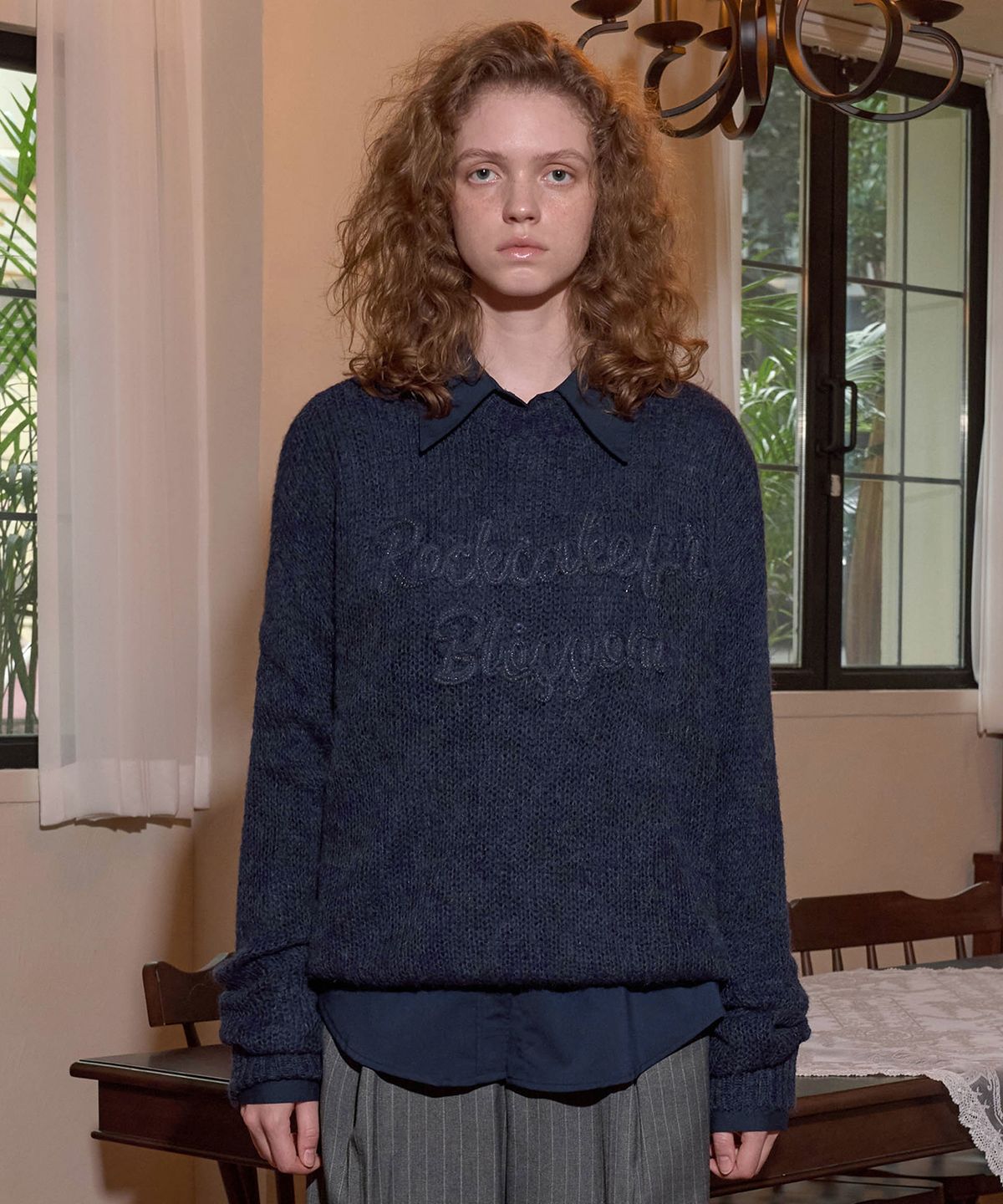 락케이크(ROCKCAKE) Seethrough Long Sleeve Knit - Blue