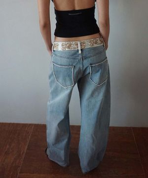 Beaded Waist Denim Pants Mid Blue