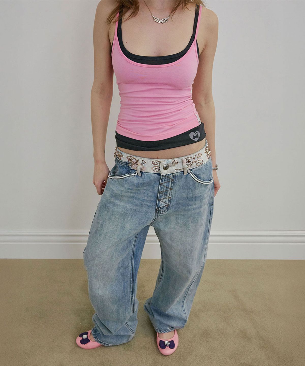 스컬프터(SCULPTOR) Beaded Waist Denim Pants Mid Blue